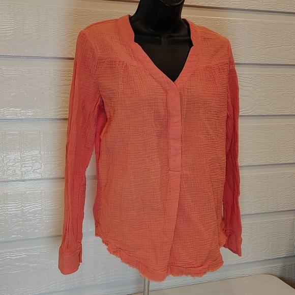 Women's Small Coral/Pink Gauze Long Sleeves Blouse Raw Hem 100% Cotton Flowy - Picture 2 of 9